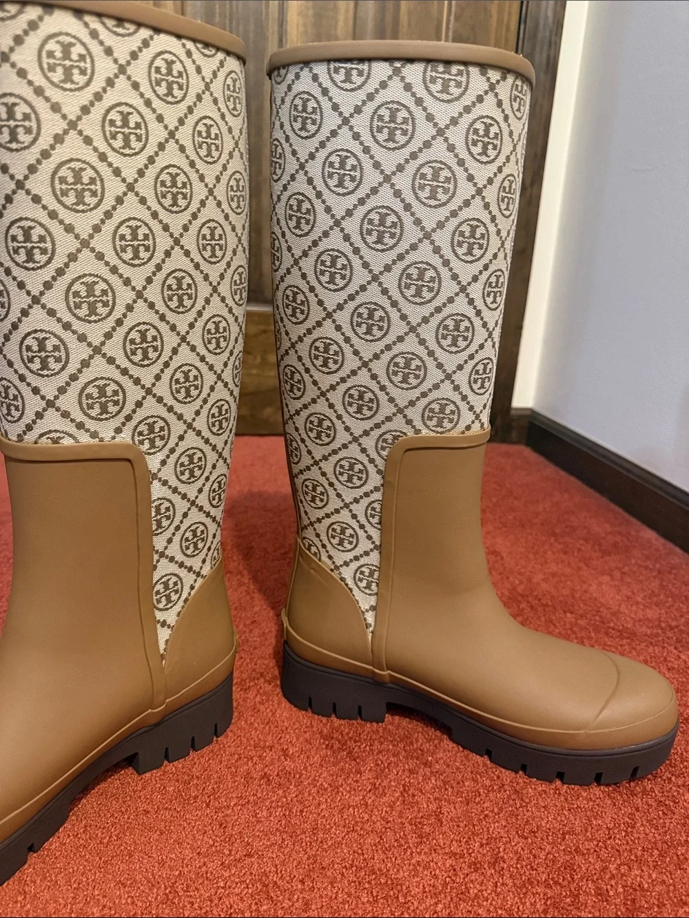 Tory Burch Tan Logo-Pattern Tall Rain Boots NWB